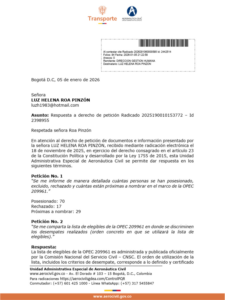 Rpta - Aerocivil Id 2442514. 5en.26 | PDF | Gobierno