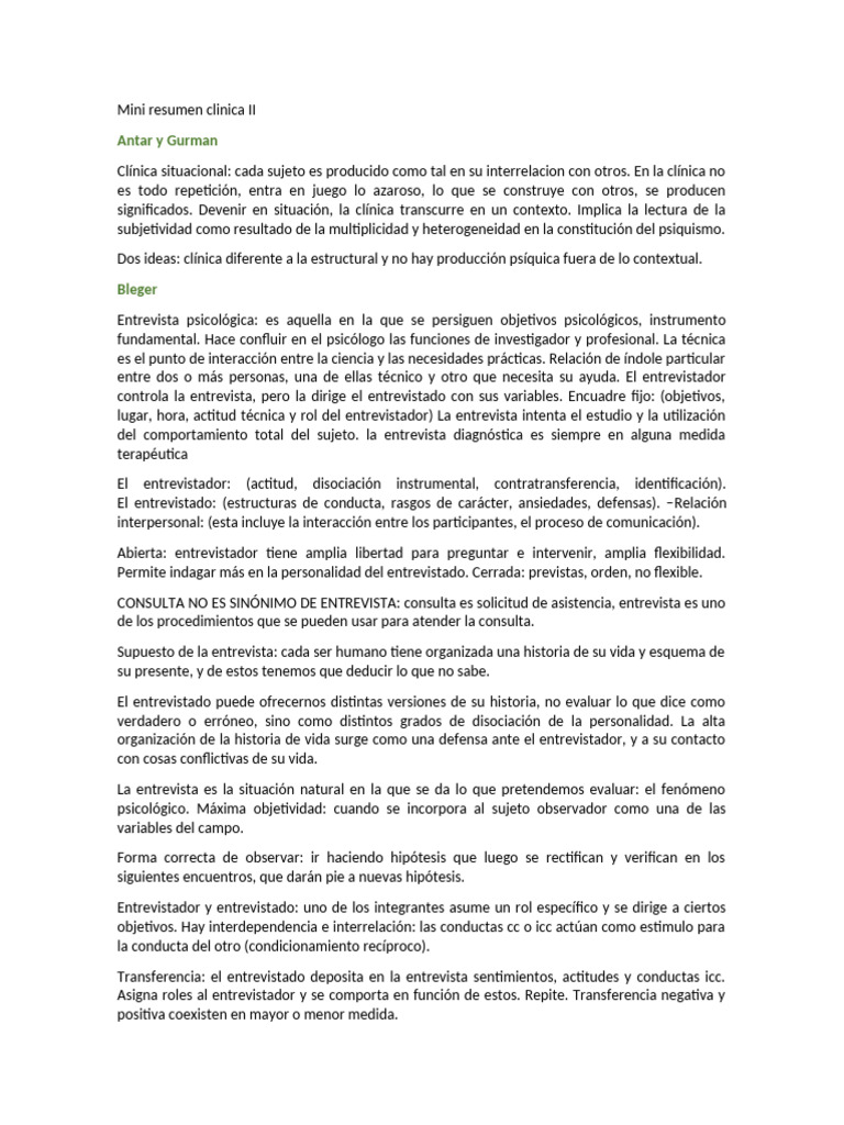 Mini Resumen Clinica II | PDF | Sicología | Ansiedad