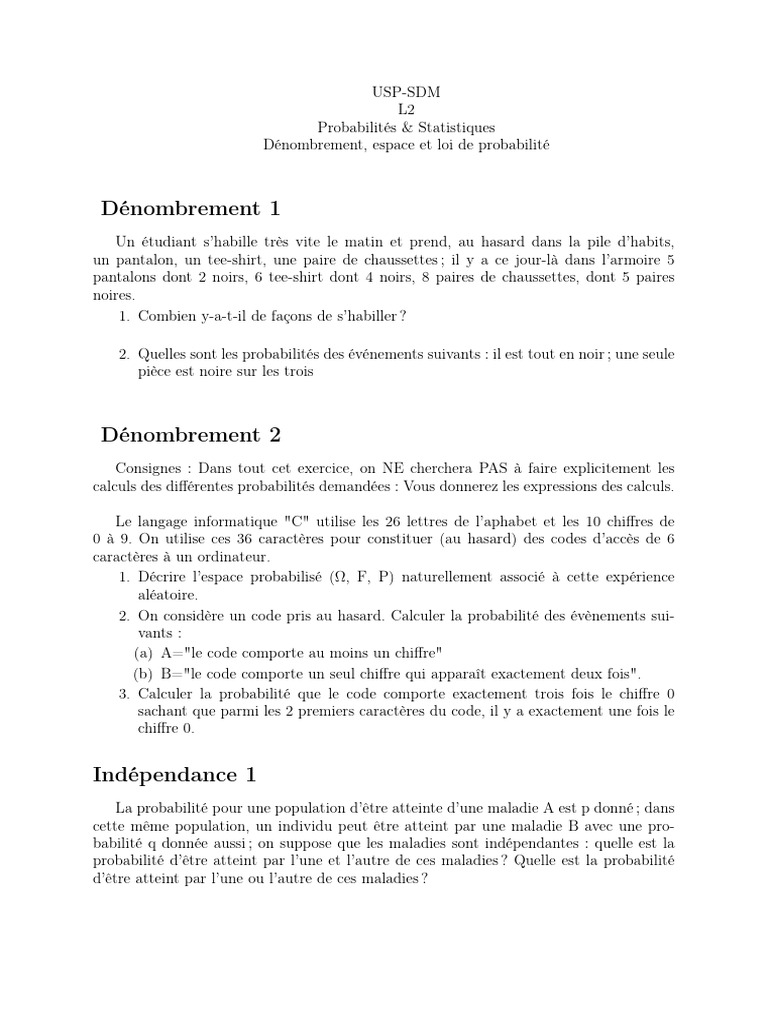 Fiche Proba Stat Etudiant | PDF | Théorie des probabilités | Loi de ...