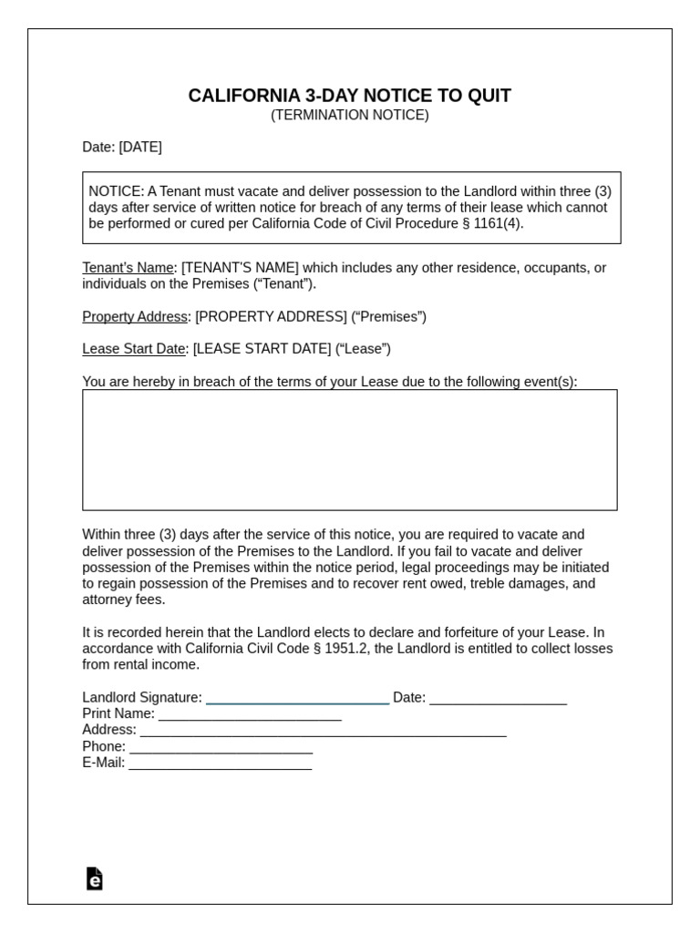 California 3 Day Notice To Quit Incurable | PDF | Lease | Landlord