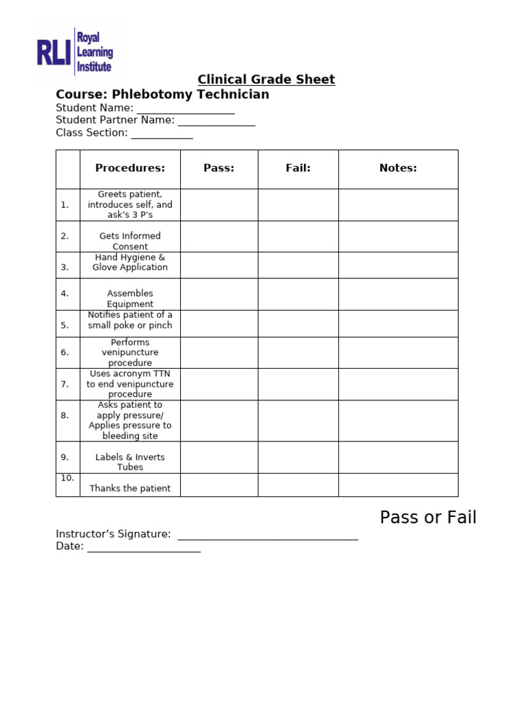 Phlebotomy Clinical Grade Sheet | PDF