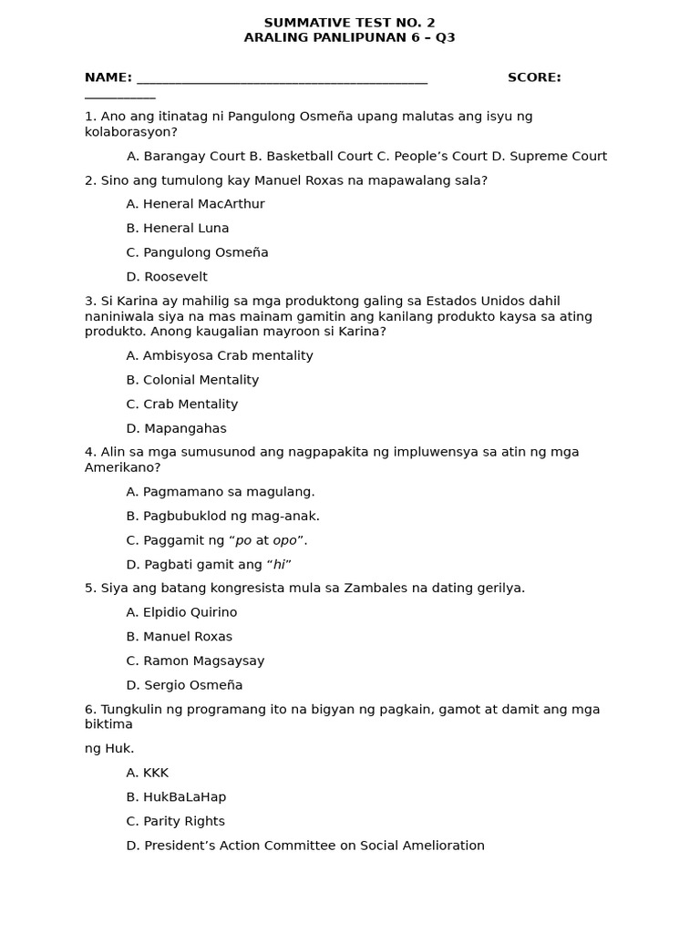 Summative Test No 2 Ap6 - q3 | PDF