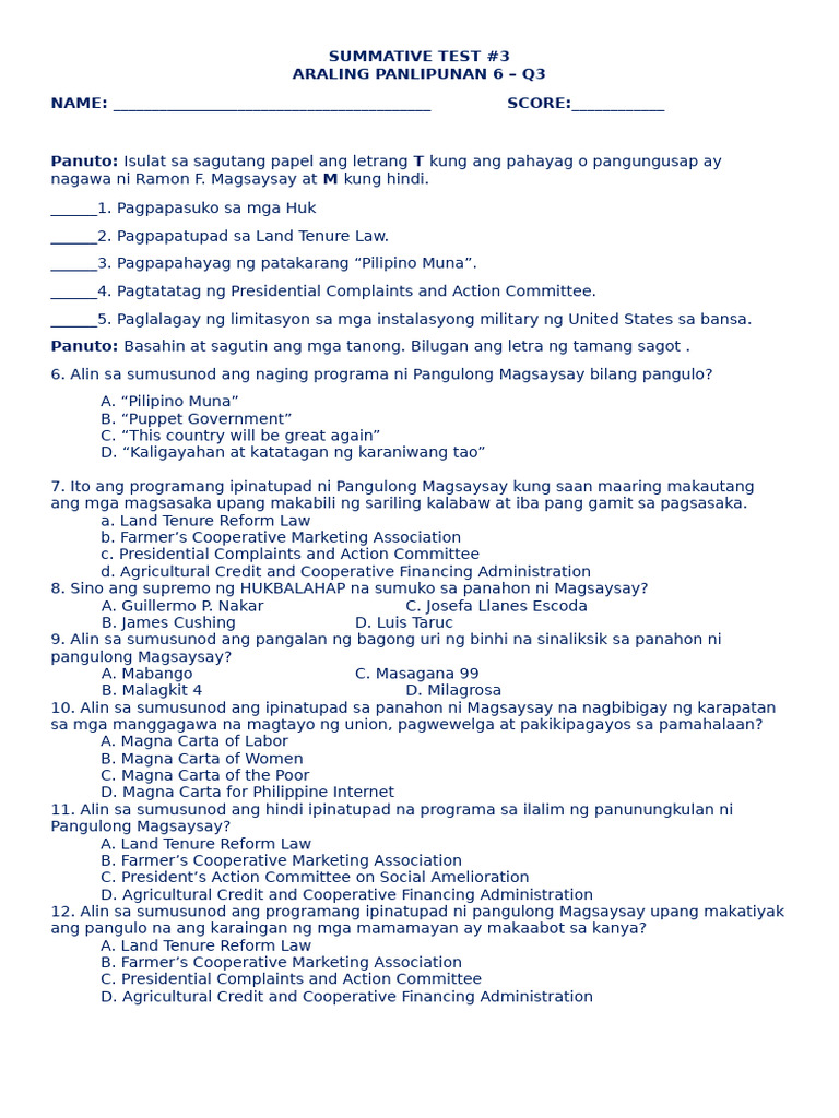 Summative Test No 3 AP 6 q3 | PDF