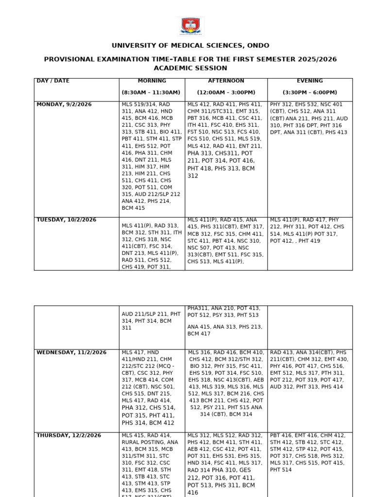 Proposed 2025-2026 First Semester Examination Time-Table | PDF