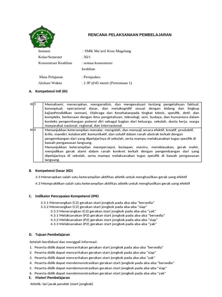Contoh - RPP - PM (1) Penjaskes Kls 11 | PDF