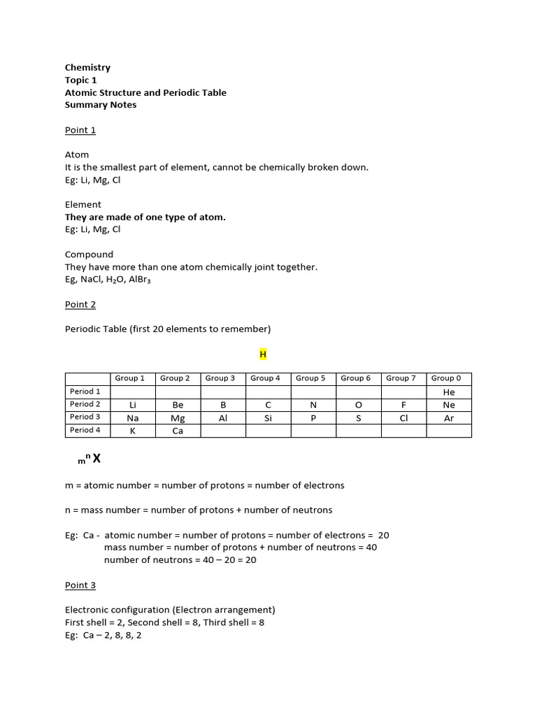 Chemistry Topic 1 Atomic Structue and Periodic Table Summary | PDF