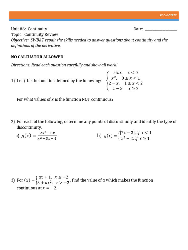 Continuity Review Sheet | PDF
