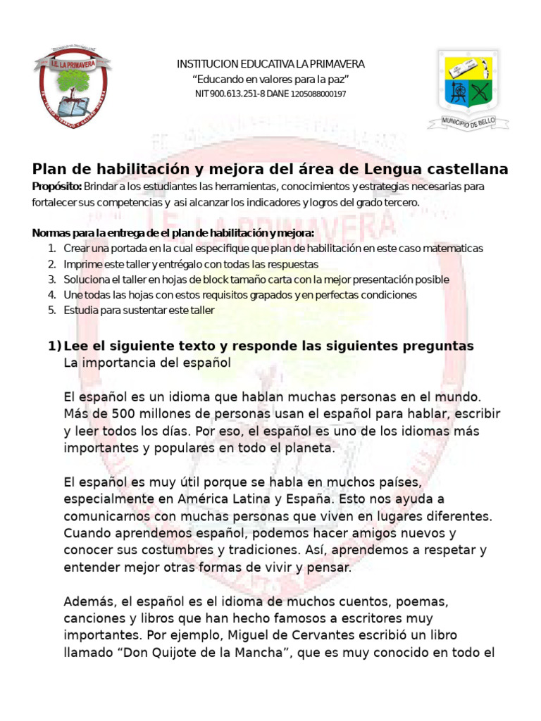 Plan de habilitación y mejora del área de Lengua castellana | PDF ...