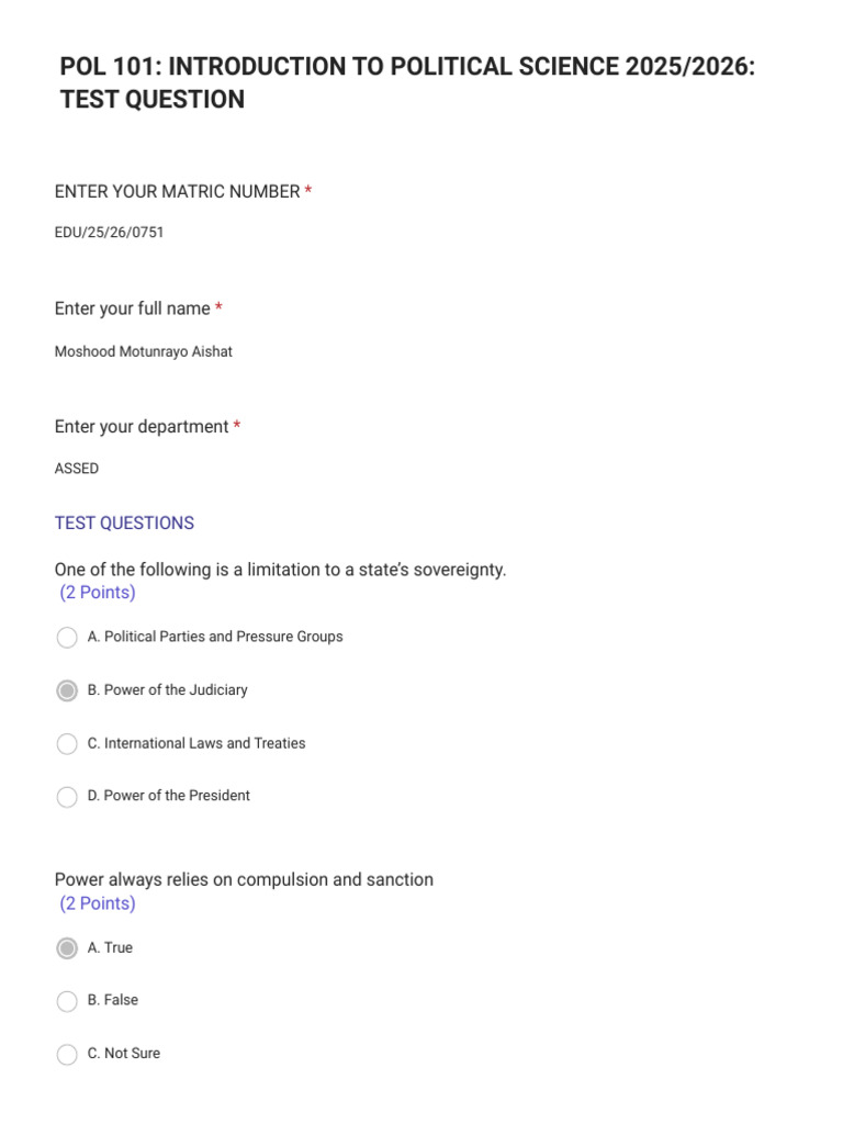 Pol 101 - Introduction To Political Science 2025 - 2026 - Test Question ...