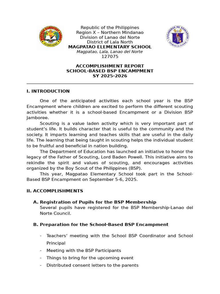 BSP Accomplishment Report | PDF | Scouting | Girl Guiding And Girl Scouting