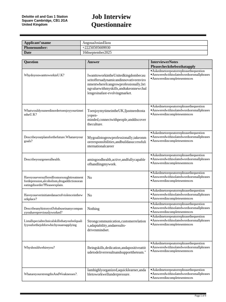 Job Interview Questionnaire | PDF