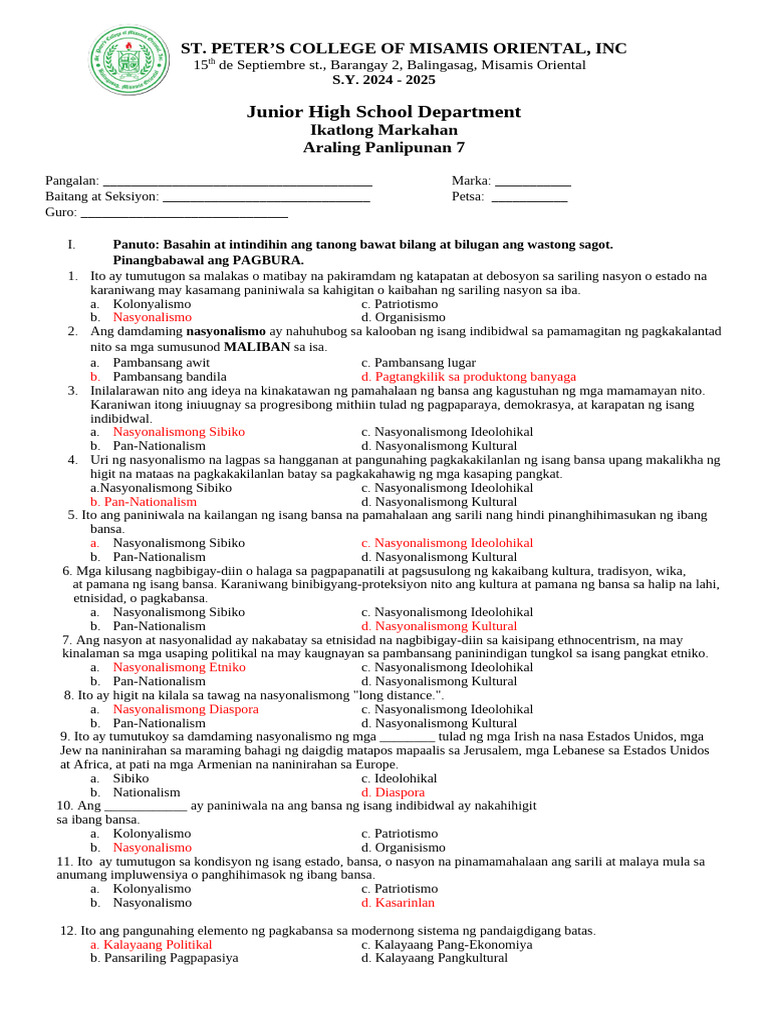 Grade 7-AP 3rd Quarter Exam | PDF