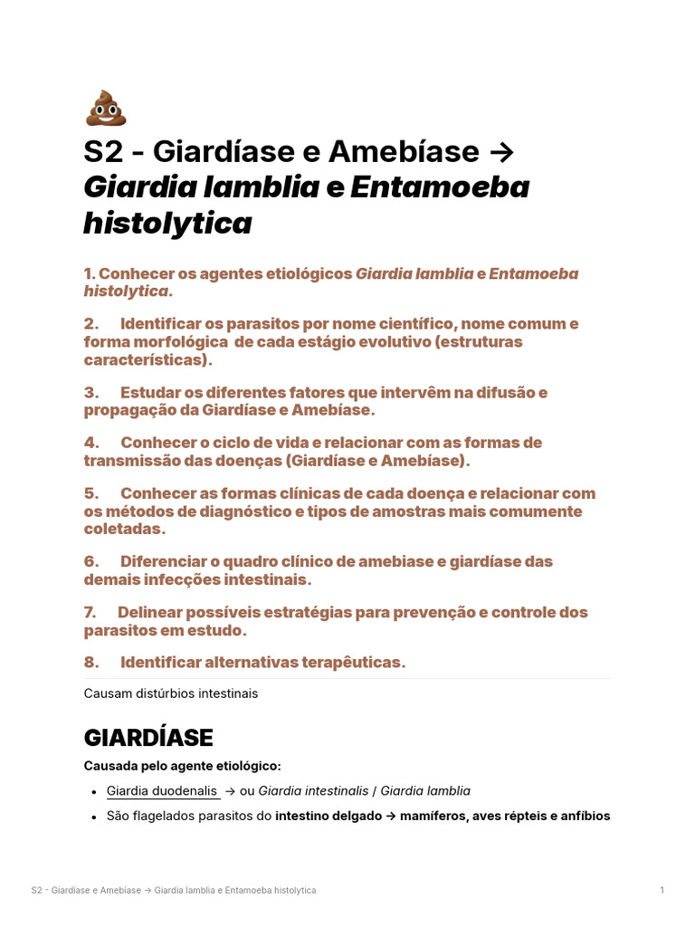 Giardiase e Amebiase - Giardia Lamblia e Entamoeba Histolytica | PDF ...