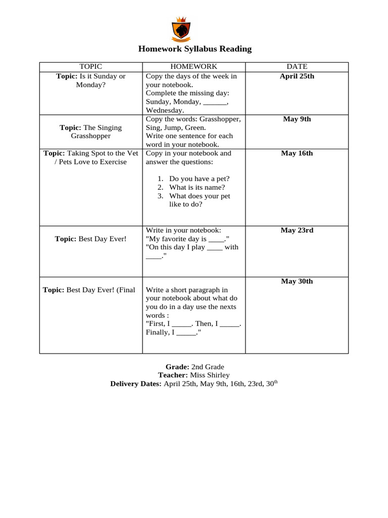 Homework Syllabus Reading Science | PDF | Habitat | Earth Sciences