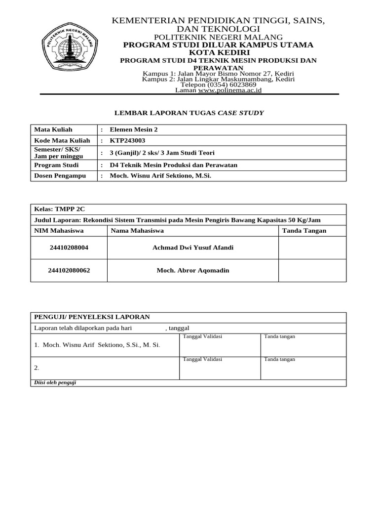 Lembar Laporan - Tugas Case Study - TMPP 2C - Elemen Mesin2 | PDF