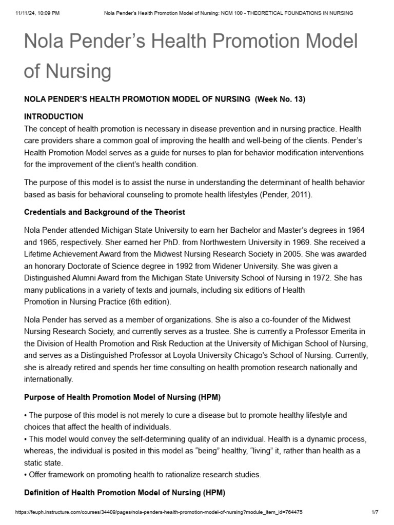 Nola Pender's Health Promotion Model of Nursing - NCM 100 - Theoretical ...