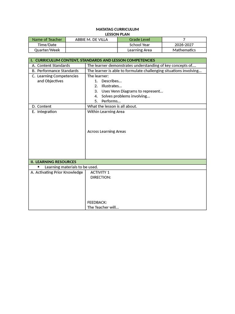 Matatag Curriculum Lesson Plan | PDF