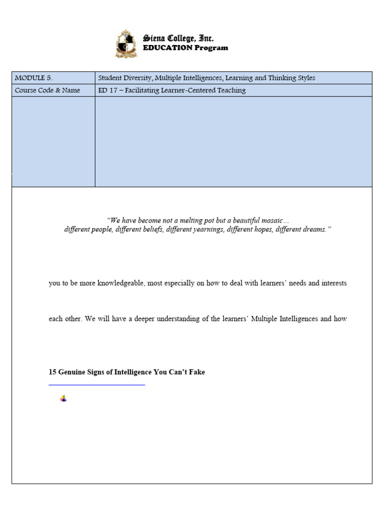 Module 5. Student Diversity Multiple Intelligences Learning and ...