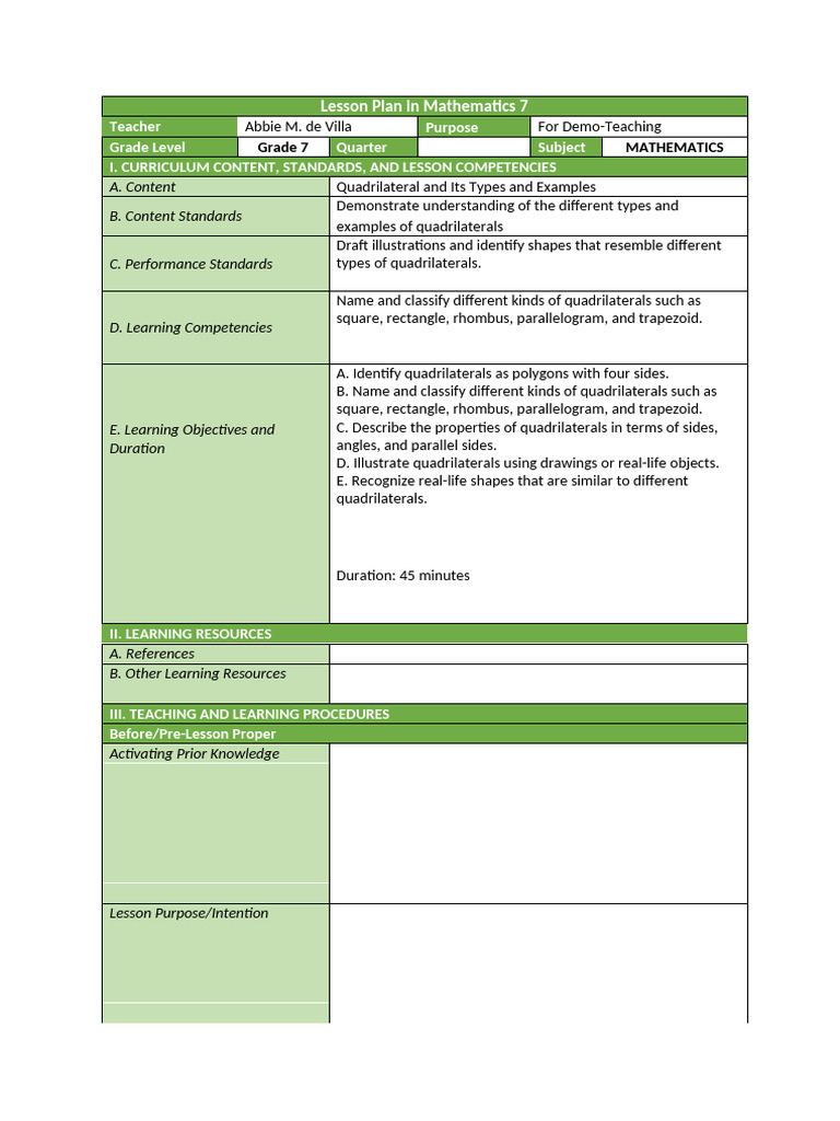 Lesson Plan in Mathematics 7 | PDF | Rectangle | Learning