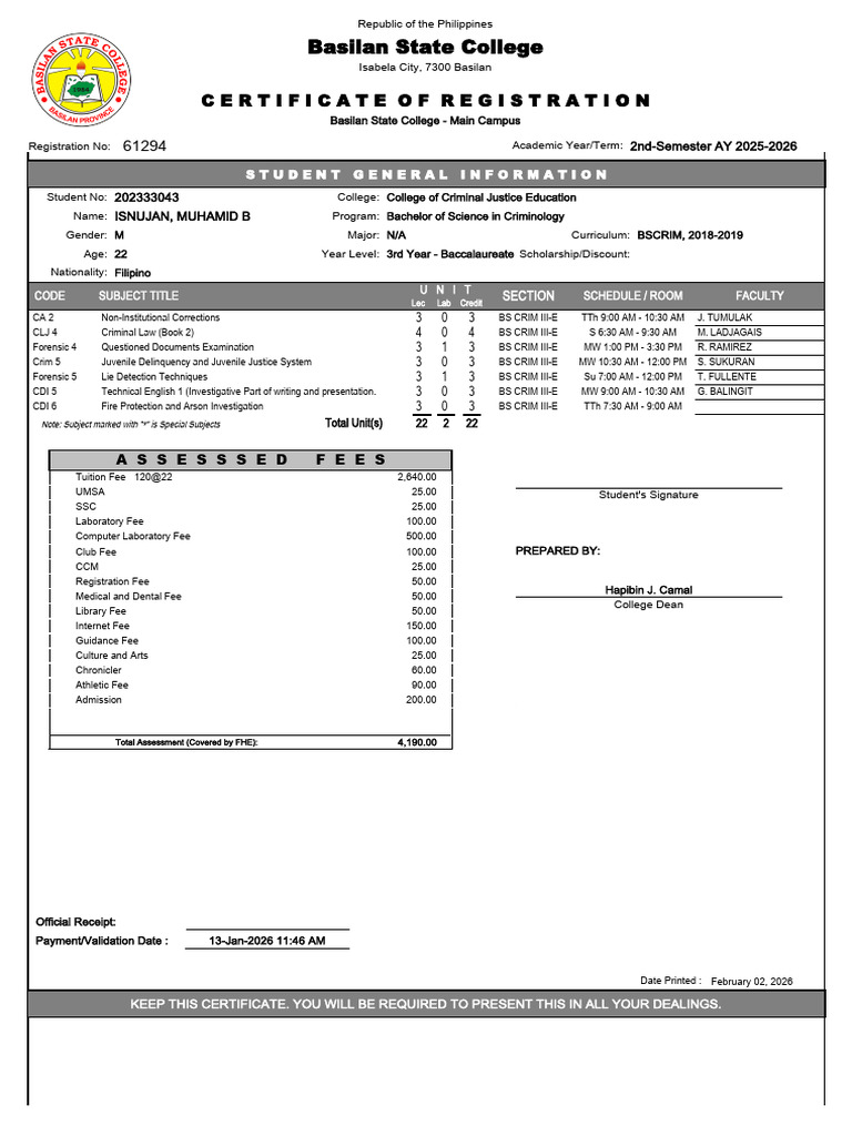Basilan State College: Certificate of Registration | PDF