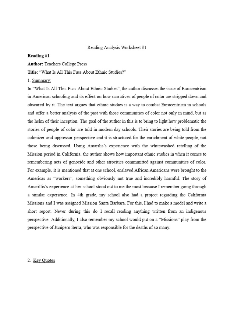 Reading Analysis Worksheet #1 | PDF | Knowledge | Person Of Color