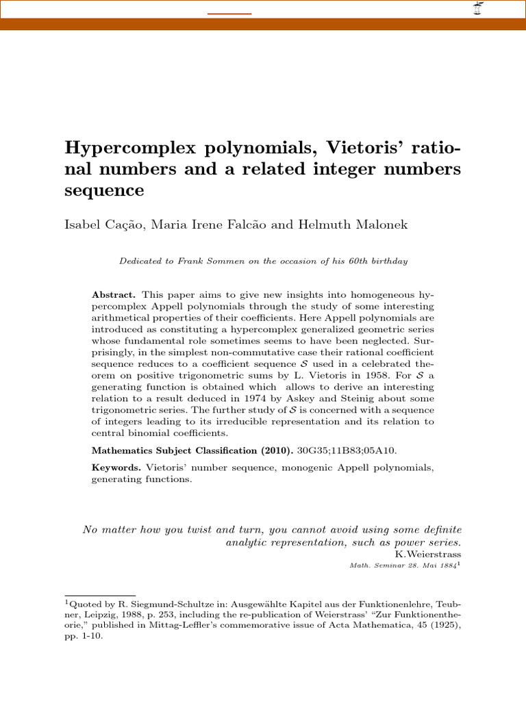 Hypercomplex Polynomials, Vietoris’ Rational Numbers and a Related ...