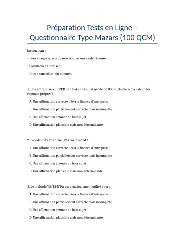 QCM 100 Questions Type Mazars AVEC CHOIX | PDF | Choix multiple | Achat ...