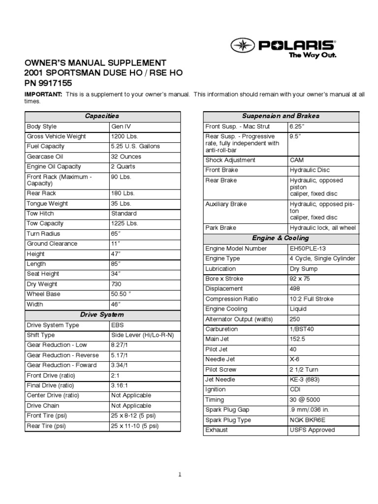 2001 Polaris Sportsman 500 H.O. Owners Info 3 | PDF | Engines | Brake