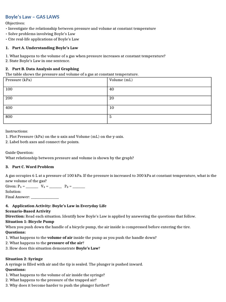 BOYLES LAW Worksheet | PDF