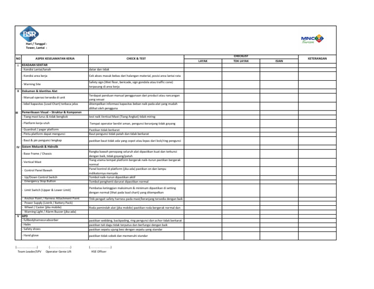 Form Checklist Single Lift (Genie Lift) | PDF