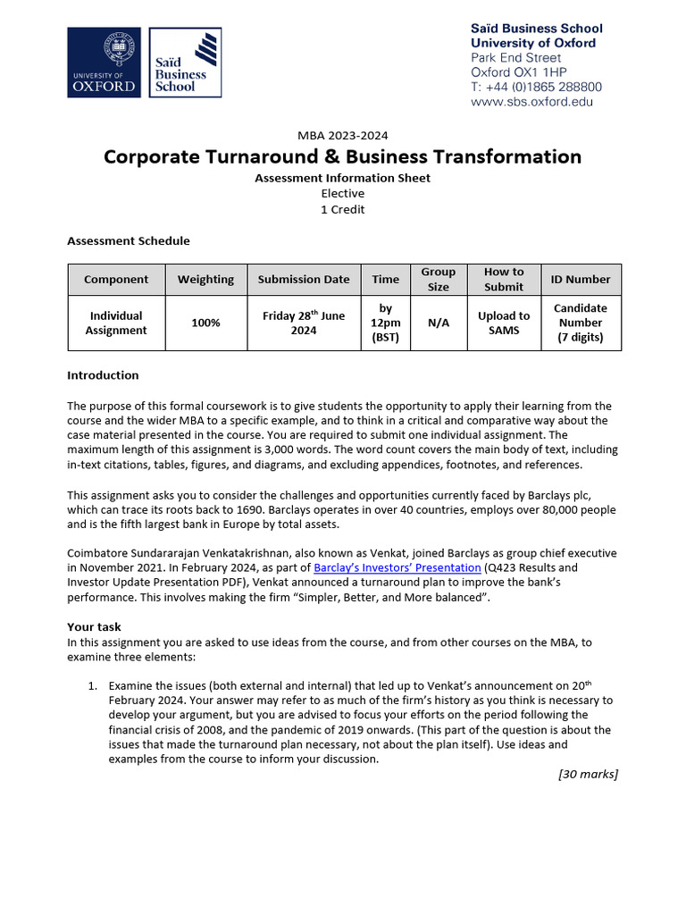 MBA 23-24 Corporate Turnaround & Business Transformation Assessment ...