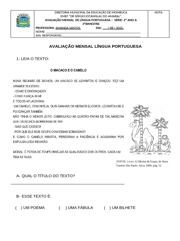Prova Mensal de Língua Portuguesa - 2 Ano A - Agosto | PDF