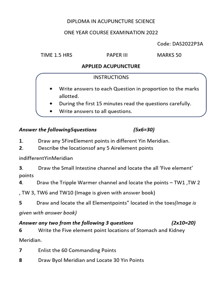 Question Paper 3 Applied Acupuncture A | PDF