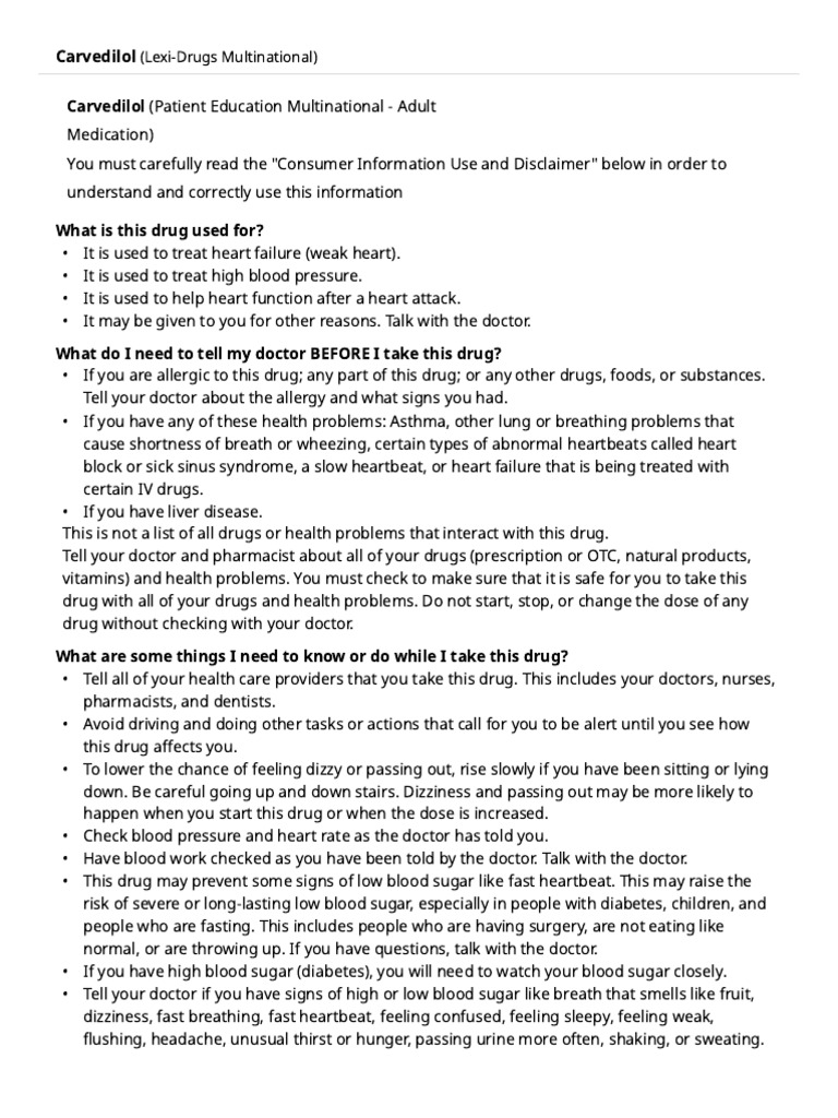 Carvedilol (Lexi-Drugs Multinational) - Lexicomp | PDF | Allergy | Heart