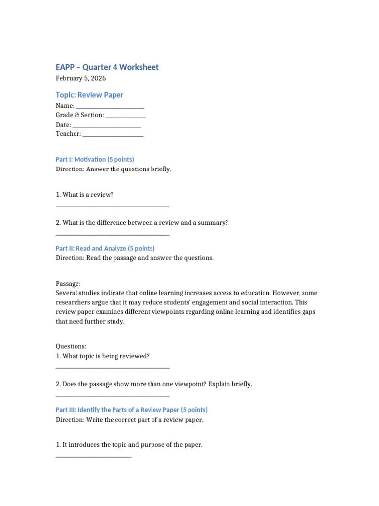 EAPP Quarter 4 Review Paper Worksheet | PDF