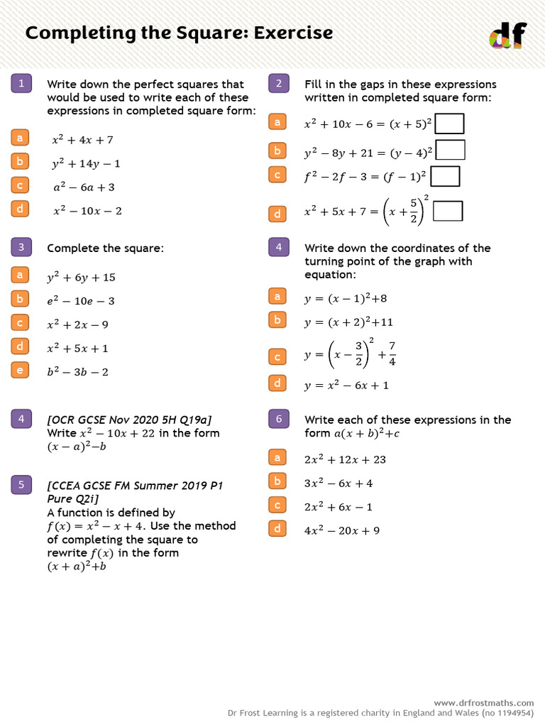 Completing the Square - Exercise | PDF | Mathematical Analysis ...