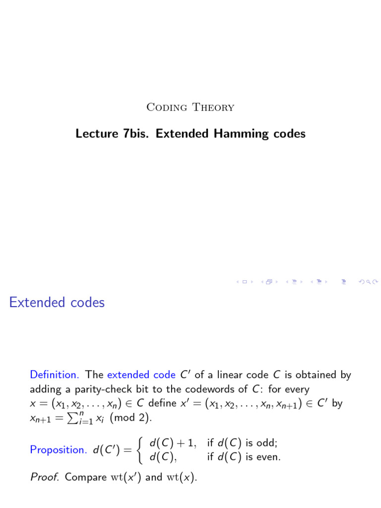 Lecture 7bis - Extended Hamming Codes | PDF | Linear Algebra | Algorithms
