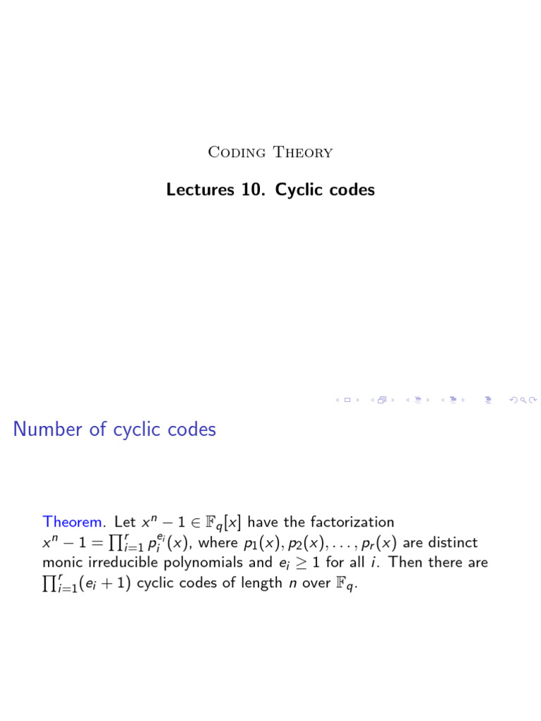 Lecture 10 - Cyclic Codes | PDF | Factorization | Discrete Mathematics