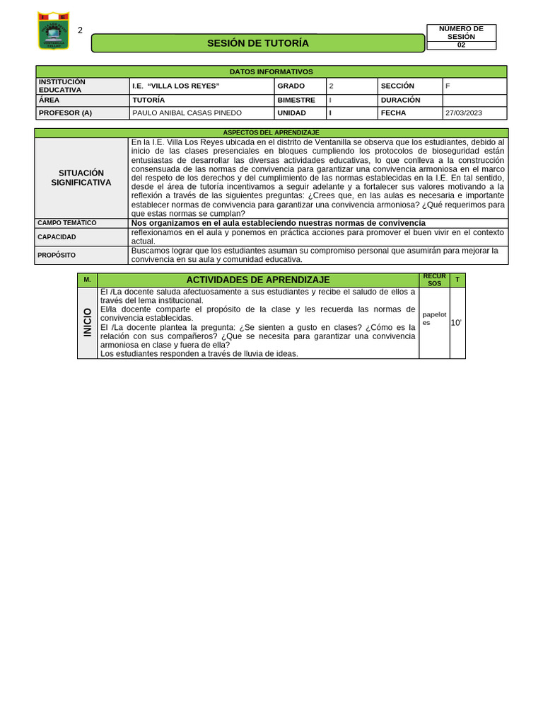 Sesion 02 de Tutoria - Normas de Convivencia 2023 | PDF | Maestros ...