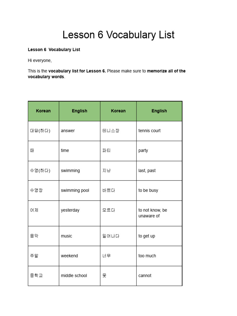 Lesson 6 Vocabulary List | PDF