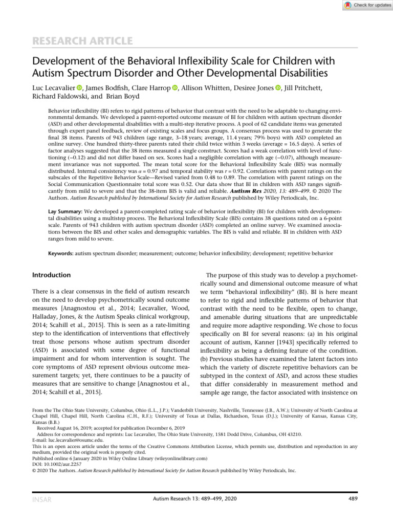 Autism Research - 2020 - Lecavalier - Development of the Behavioral ...