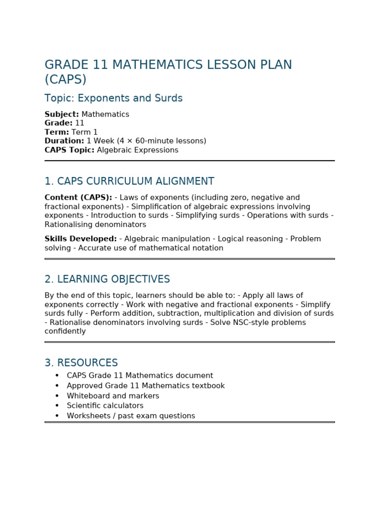 Grade 11 Lesson Plan - Exponents and Surds WEEK 1 | PDF | Mathematics ...