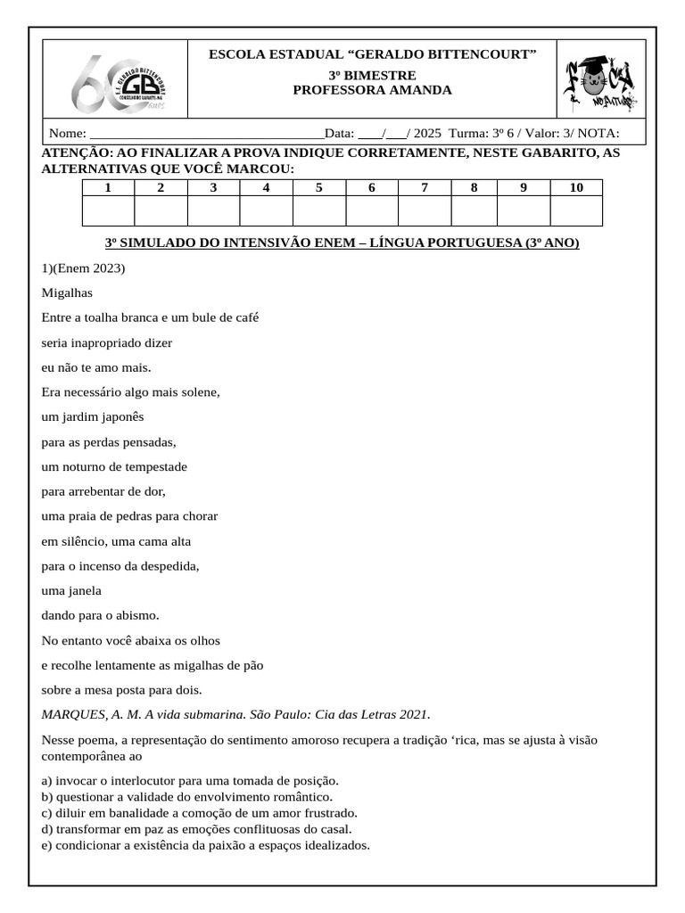 3º Simulado de Português - ENEM (3º ANO) | PDF | Escravidão | Narrativa