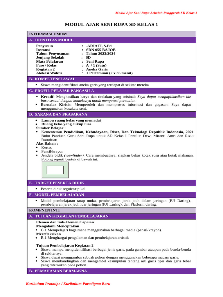 Modul Ajar Seni Rupa Kelas 1 - Kegiatan 2 | PDF
