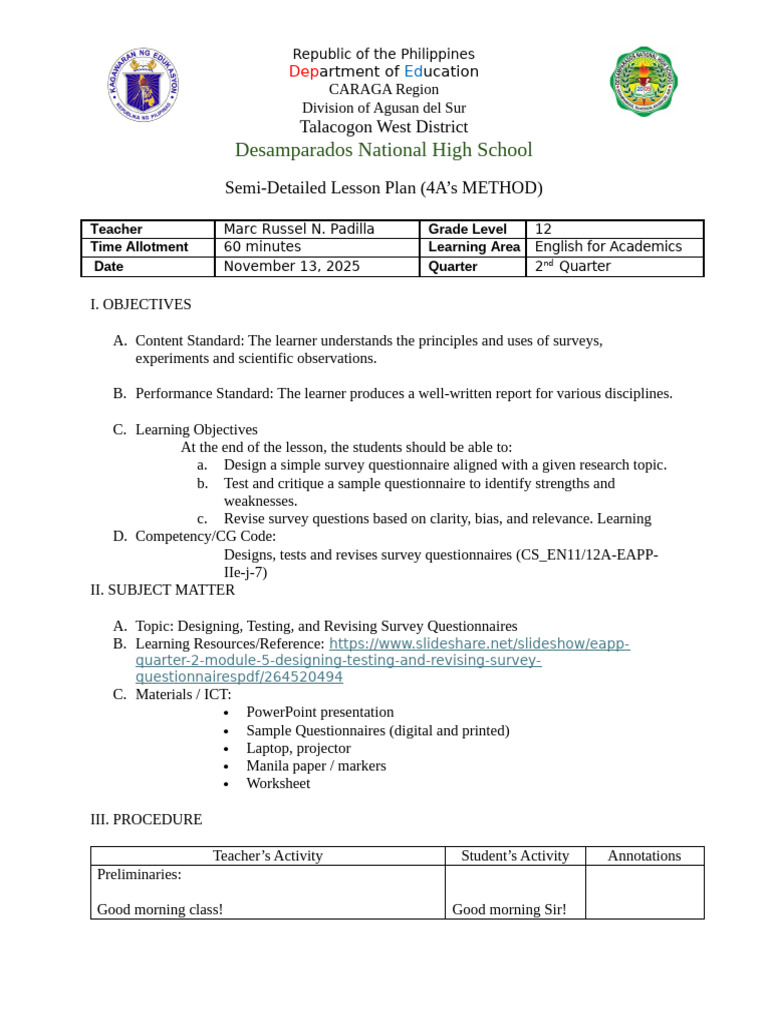 Detailed Lesson Plan Fo CO 1.1 | PDF | Likert Scale | Questionnaire