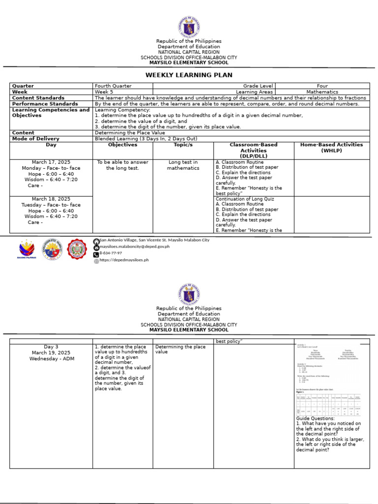 Weekly Learning Plan-Week 5 - Mathematics 2025 | PDF