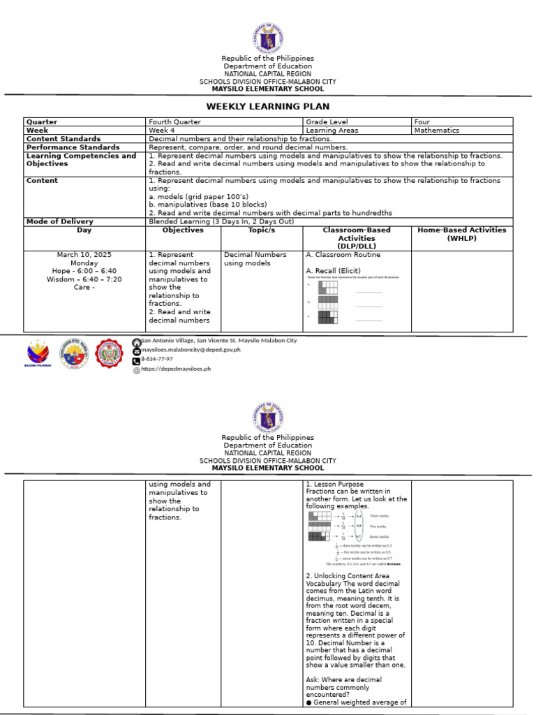 Weekly Learning Plan-Week 4 - Mathematics 2025 | PDF | Decimal | Arithmetic