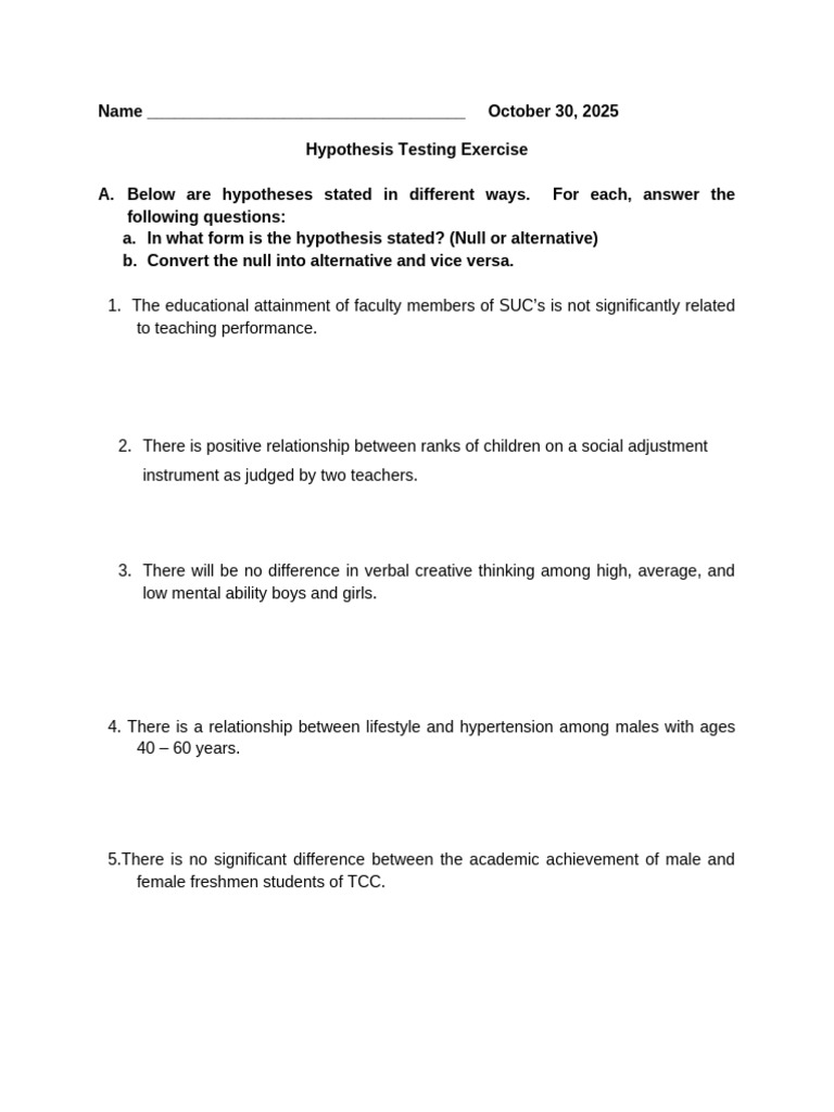Hypothesis Testing Exercise | PDF | Hypothesis | Null Hypothesis