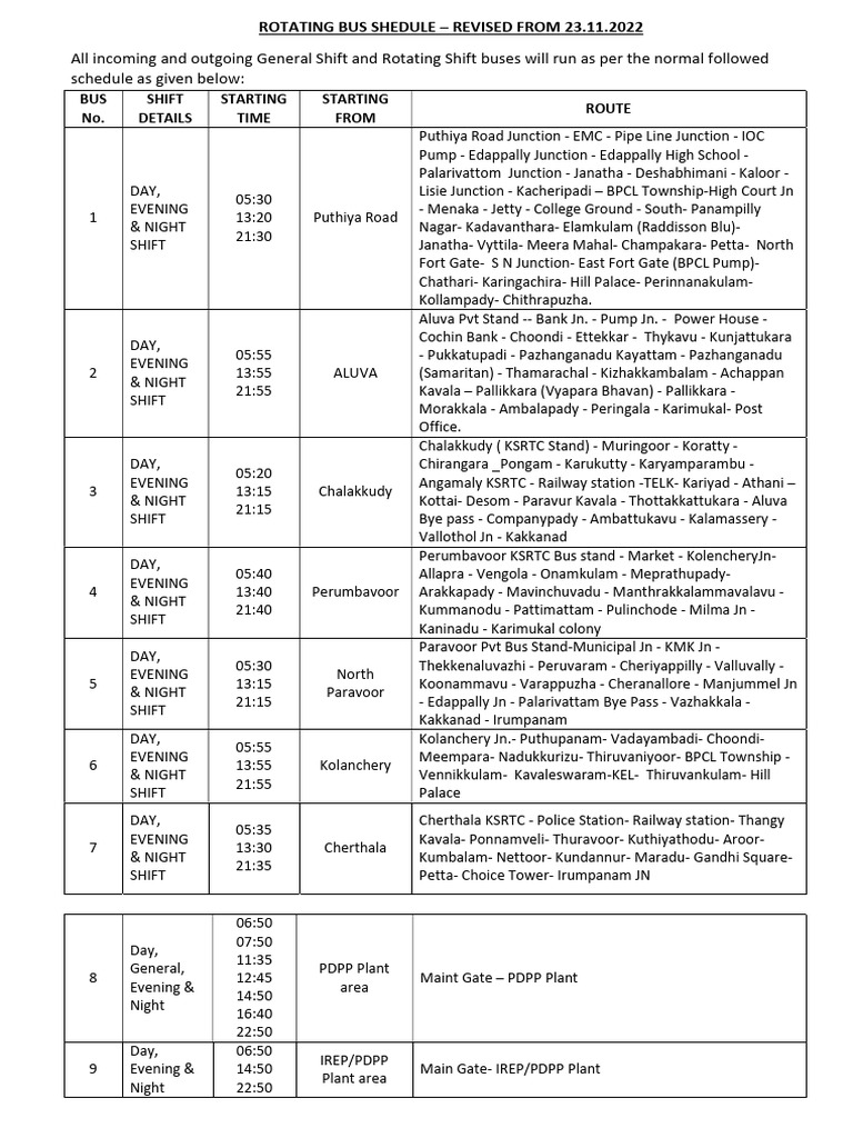 Bus Schedule- Rotating Shift | PDF | Bus Transport | Public Transport