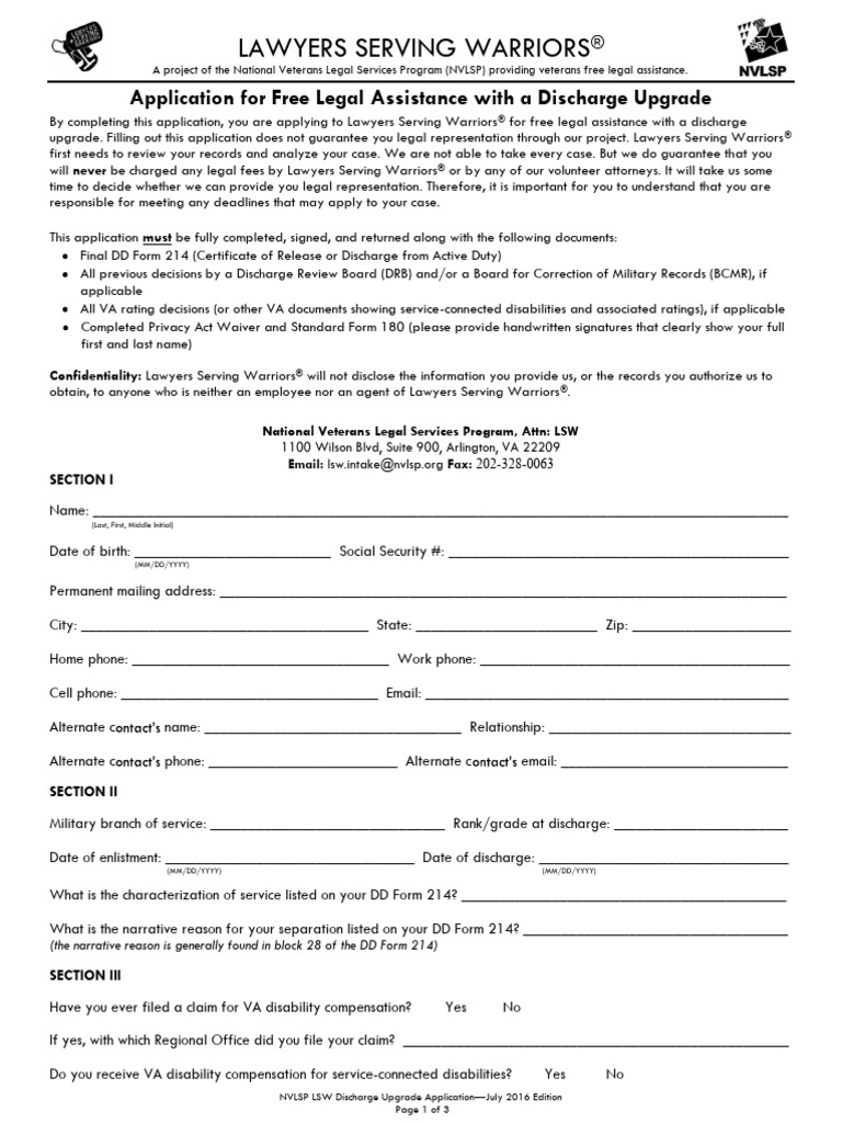 NVLSP LSW Application Discharge Upgrade | PDF | Military Discharge
